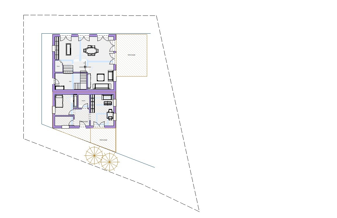 Grundriss eines Hauses mit Wohnzimmer, Essbereich, Terrasse, Garten und Grundstücksgrenze.