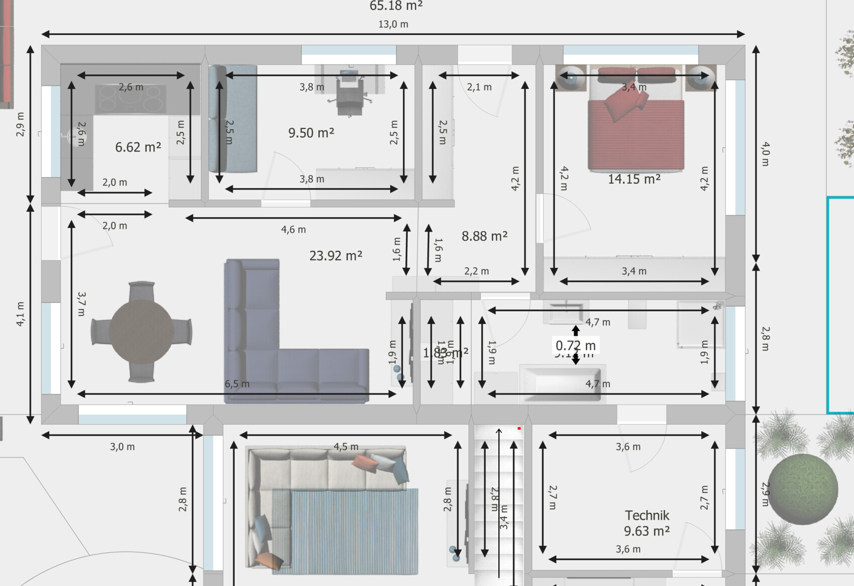 Detaillierter Grundriss eines Hauses mit Wohnzimmer, Küche und Schlafzimmer, Maße sichtbar.