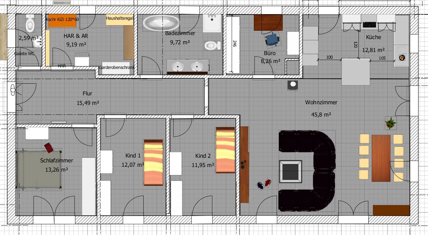 Grundriss eines Hauses mit Flur, Wohnzimmer, Küche, Schlafzimmer, Kind 1/2, Bad, Büro, HAR & AR.