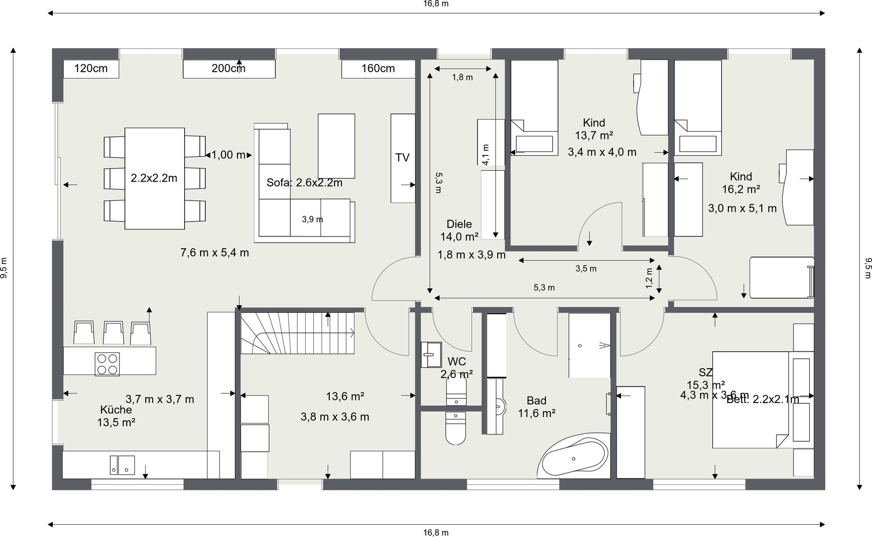 Grundriss: offenes Wohn- und Esszimmer, Küche, Diele, Bad, WC, Schlafzimmer, zwei Kinderzimmer