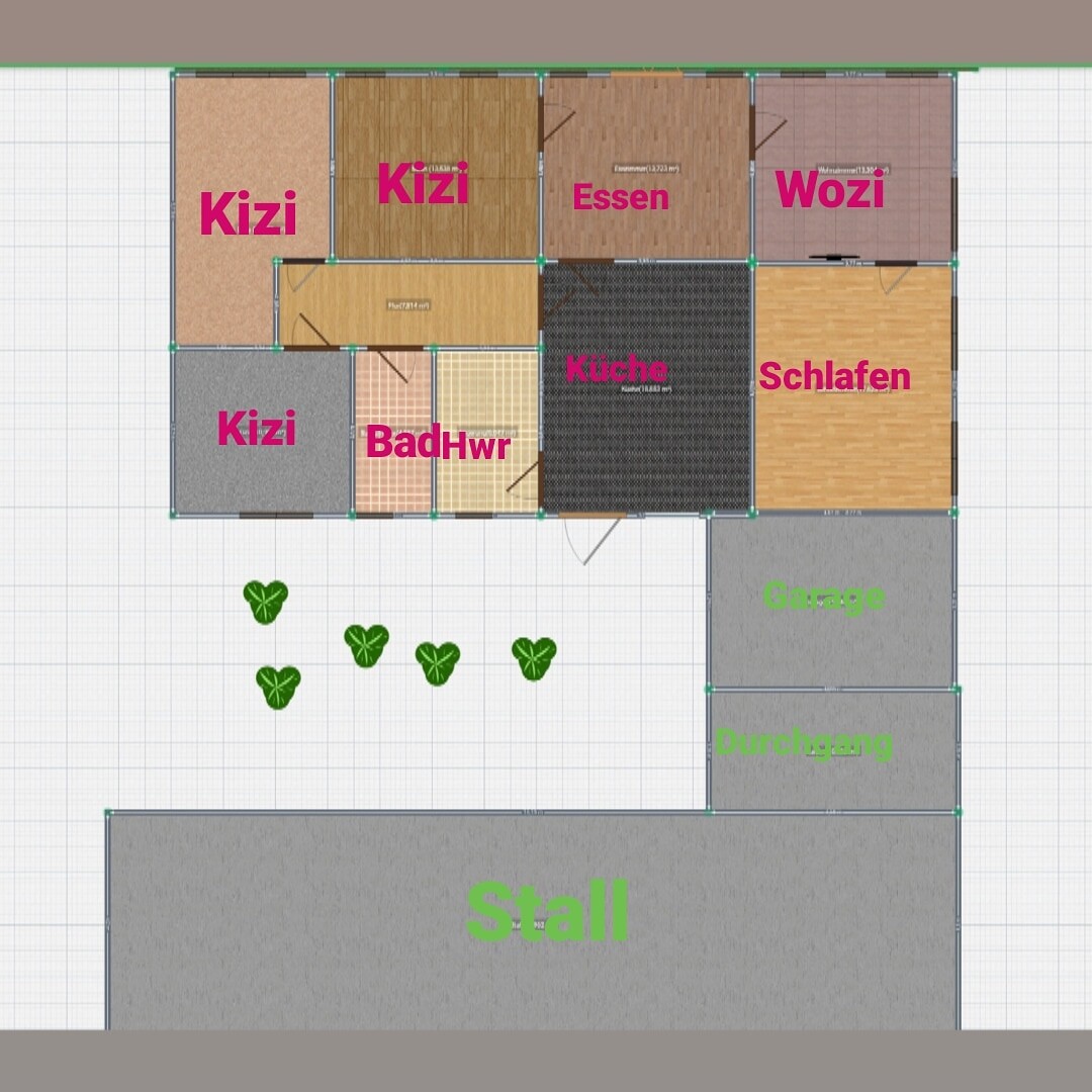 Grundriss eines Hauses mit Küche, Essen, Wohnzimmer, Schlafen, Bad/HWR, Garage und Stall.