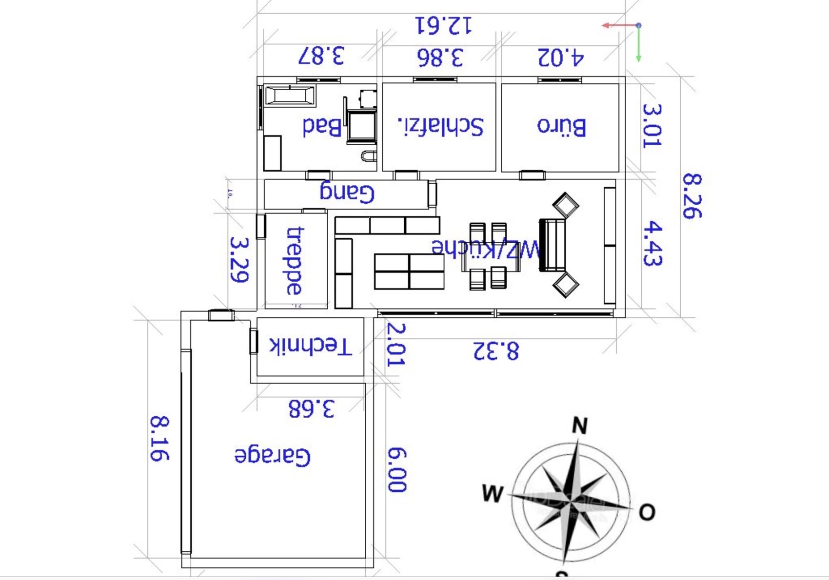Grundriss eines Hauses: Wohnzimmer mit Wohnküche, Schlafzimmer, Bad, Flur, Treppe, Garage.
