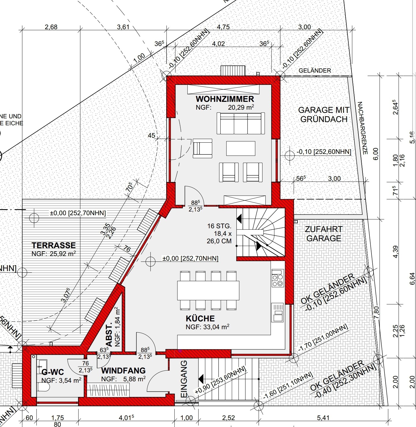 Grundriss eines Hauses: Wohnzimmer, Küche, Terrasse, Garage und Windfang.