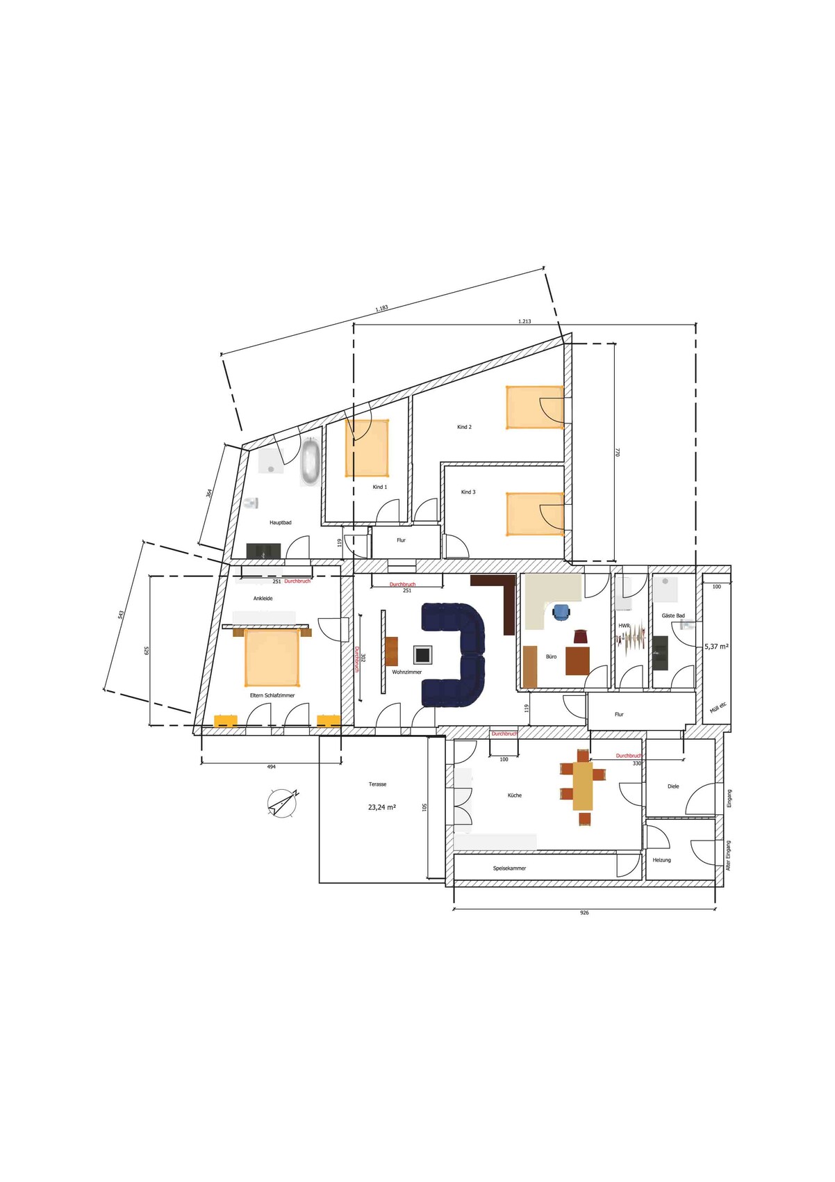 Detaillierter Grundriss eines Hauses mit Wohnzimmer, Küche, Schlafzimmern und Terrasse.
