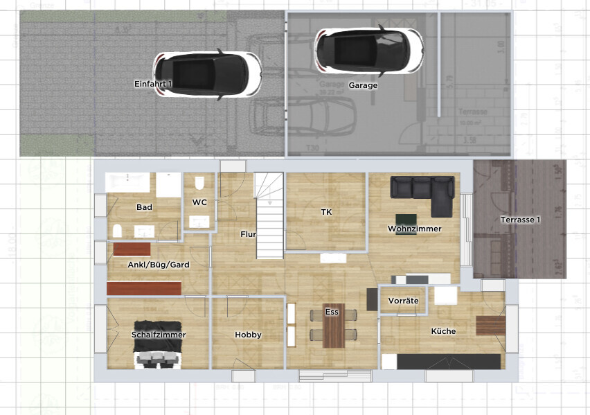Grundriss: Einfahrt, Garage, Wohnzimmer, Küche, Esszimmer, Schlafzimmer, Bad, Flur.