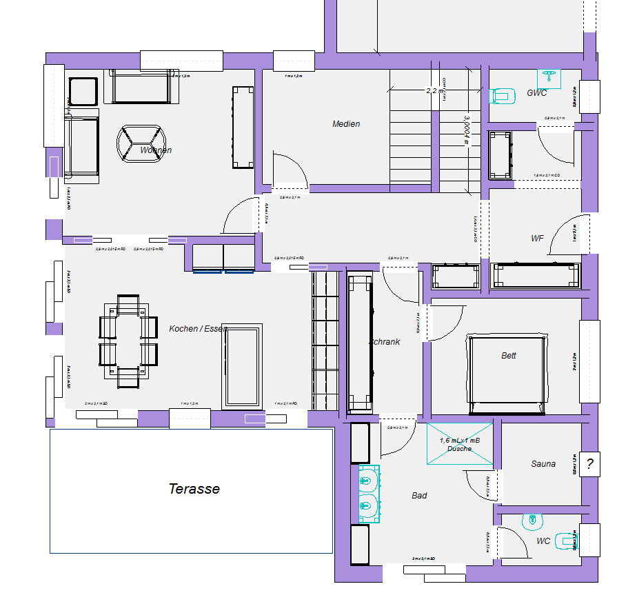Grundriss eines Hauses: Wohnzimmer, Kochen/Essen, Terrasse, Bad, Schlafzimmer und Sauna.
