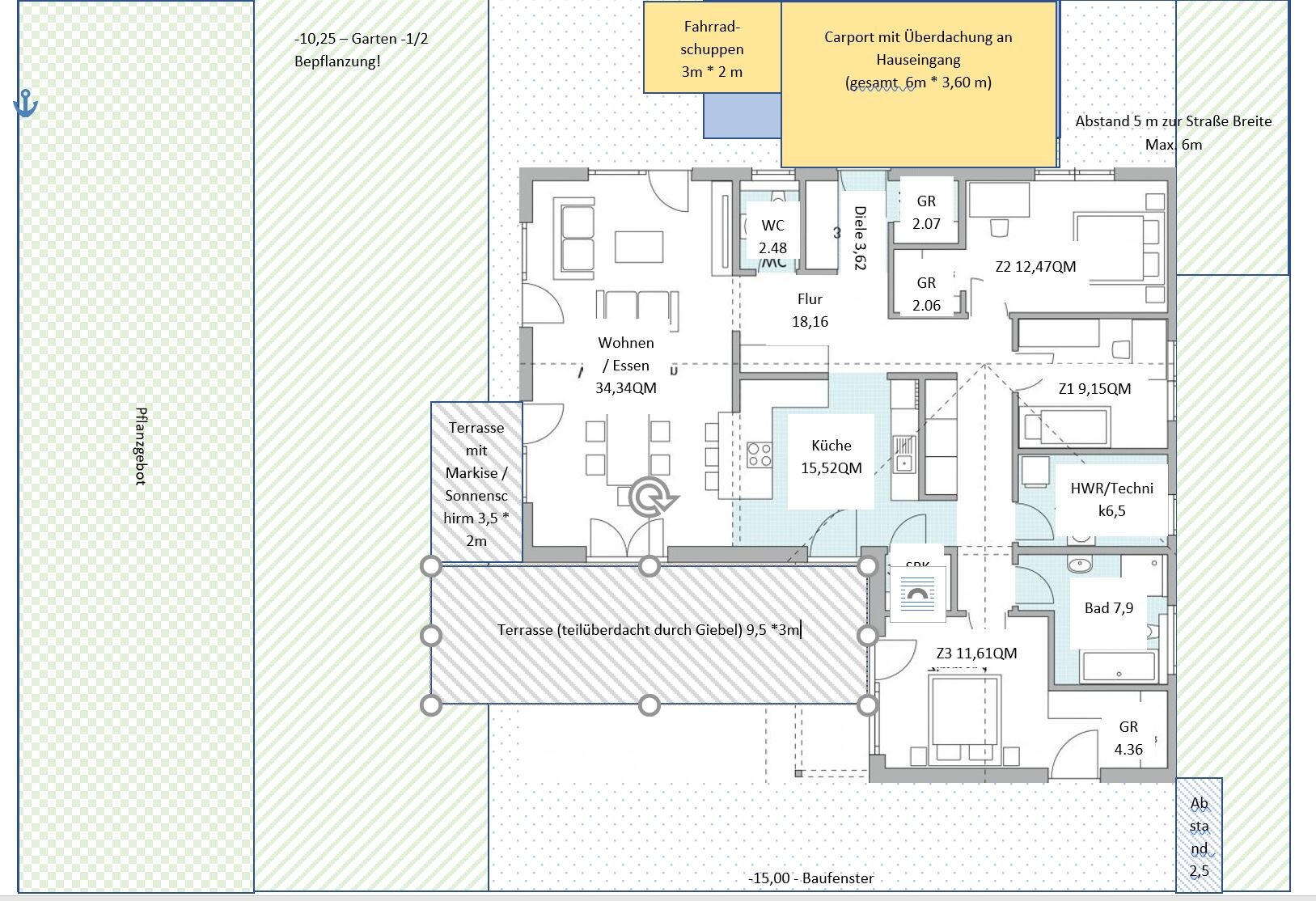 Grundriss eines Hauses: Wohnen/Essen, Küche, Bad, Flur, Terrasse, Garten, Carport, Fahrradschuppen.