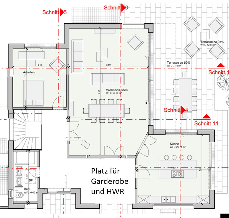 Grundriss: Wohnen/Essen, Küche, Bad, Arbeitszimmer; Terrasse; Platz für Garderobe und HWR.