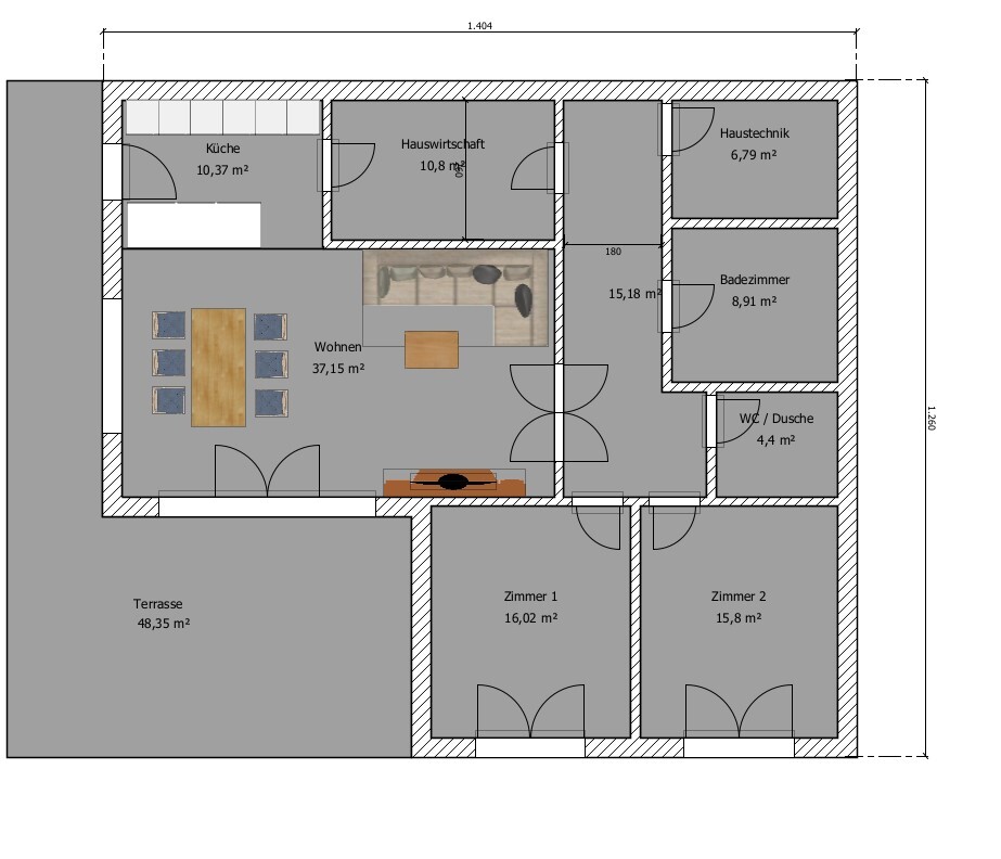 Grundriss eines Hauses: Küche, Wohnen, Terrasse, zwei Zimmer, Bad, Technik.