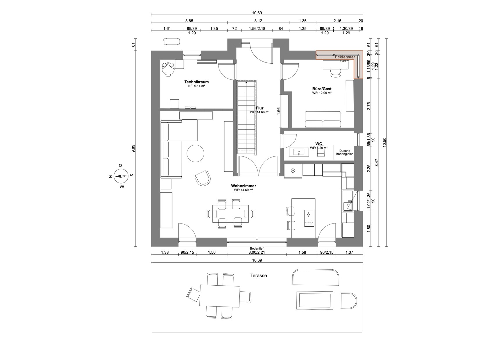 Grundriss eines Hauses mit Wohnzimmer, Küche, Technikraum, Büro/Gast, WC, Flur und Terrasse.