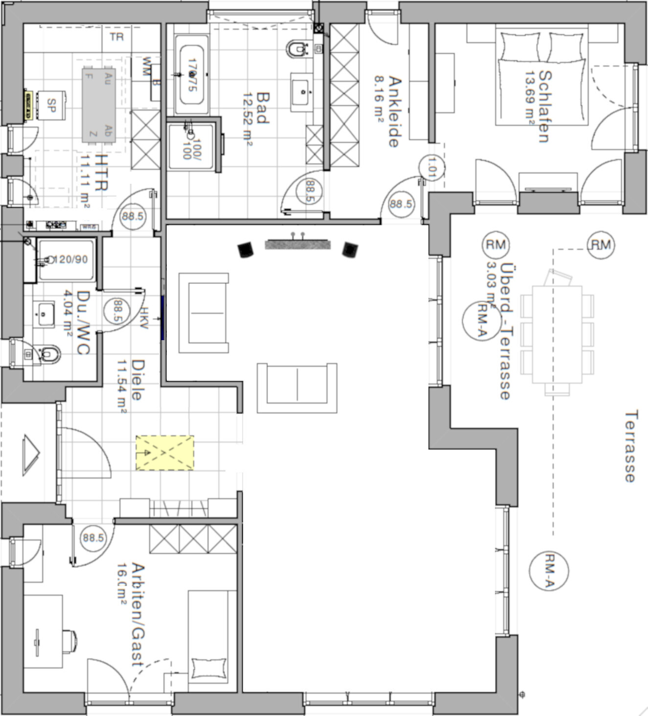 Grundriss eines Apartments mit Wohnzimmer, Küche, Bad, Schlafraum, Diele, Arbeits-/Gästezimmer