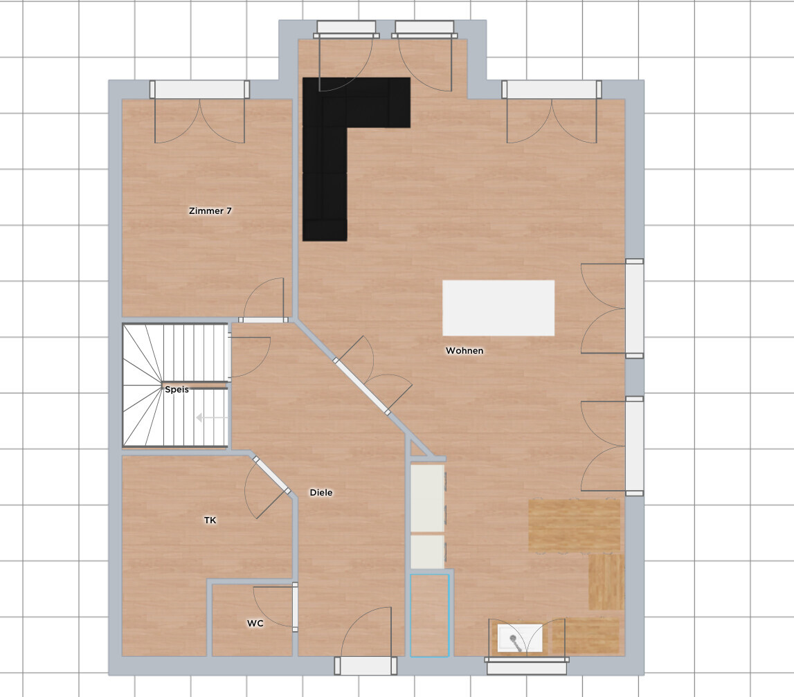Grundriss eines Gebäudes: Wohnen, Zimmer 7, Diele, Speis, TK, WC.