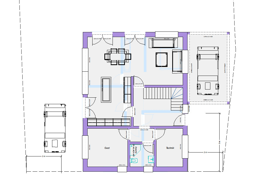 Grundriss eines Hauses (Erdgeschoss) mit Wohnzimmer, Essecke, Gästezimmer, Technikraum und Garage.