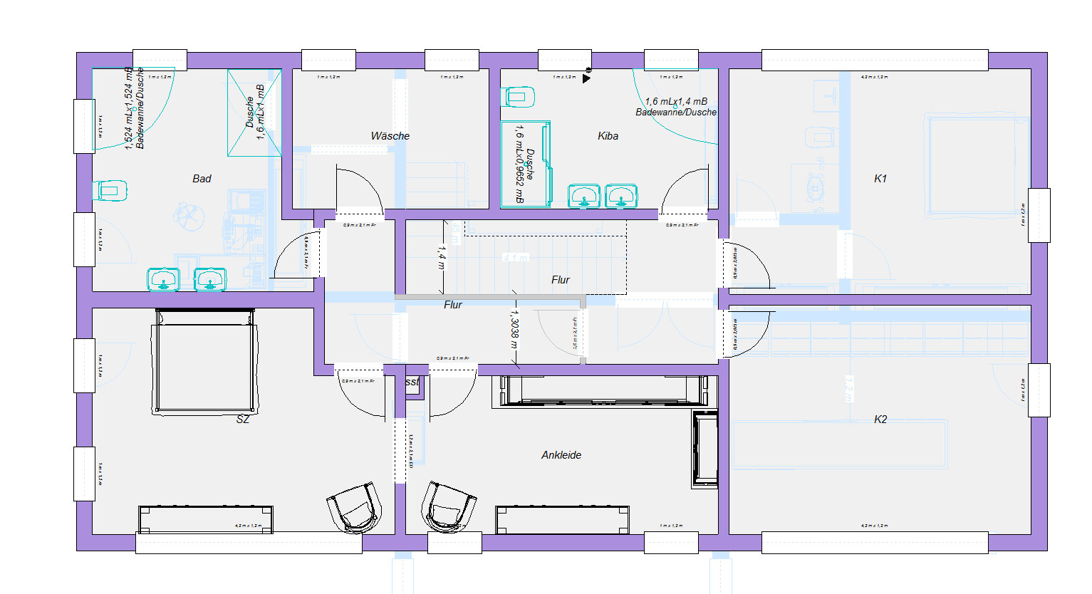 Grundriss eines Wohnungsplans: Bad links, Dusche, Wäsche, Ankleide, Flur, K1, K2 und SZ.