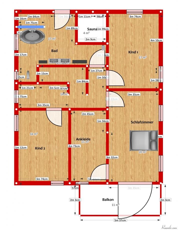 Grundriss eines Einfamilienhauses mit Bad, Schlafzimmer, Kinderräumen und Balkon