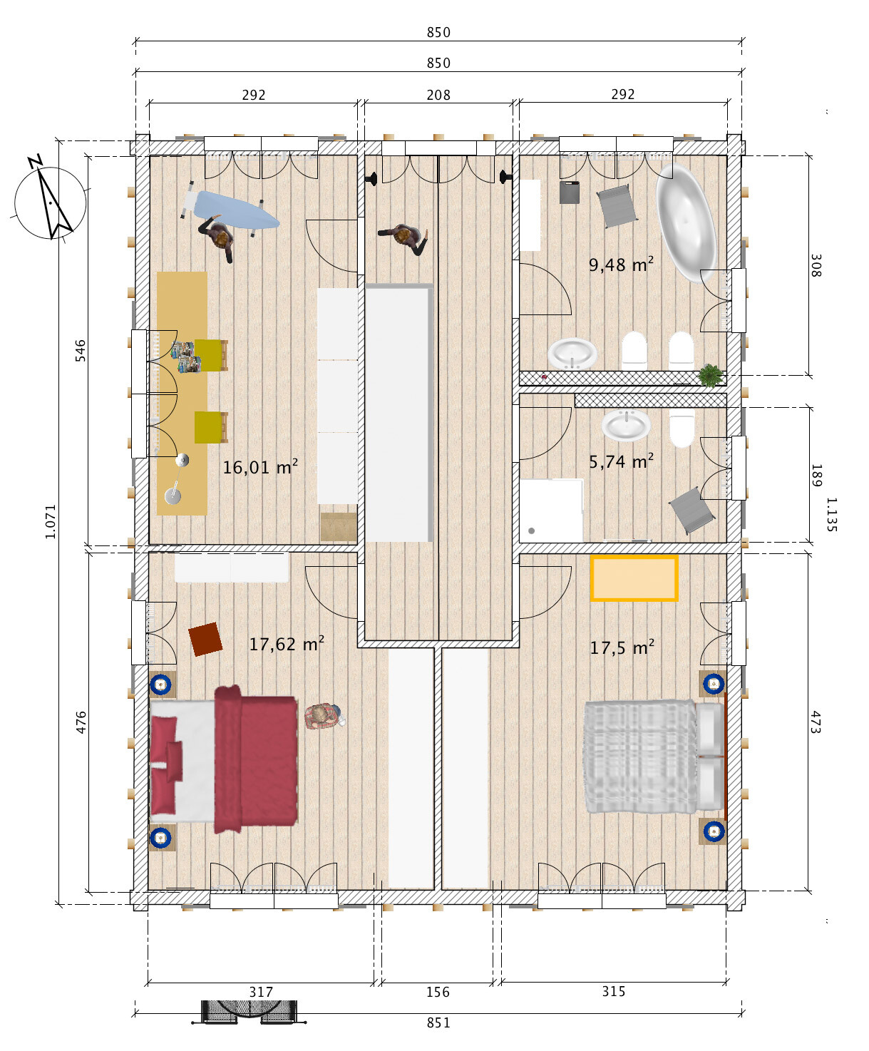Grundriss einer Wohnung: Küche mit Insel links, zwei Schlafzimmer unten, Bad rechts, Flur zentral.