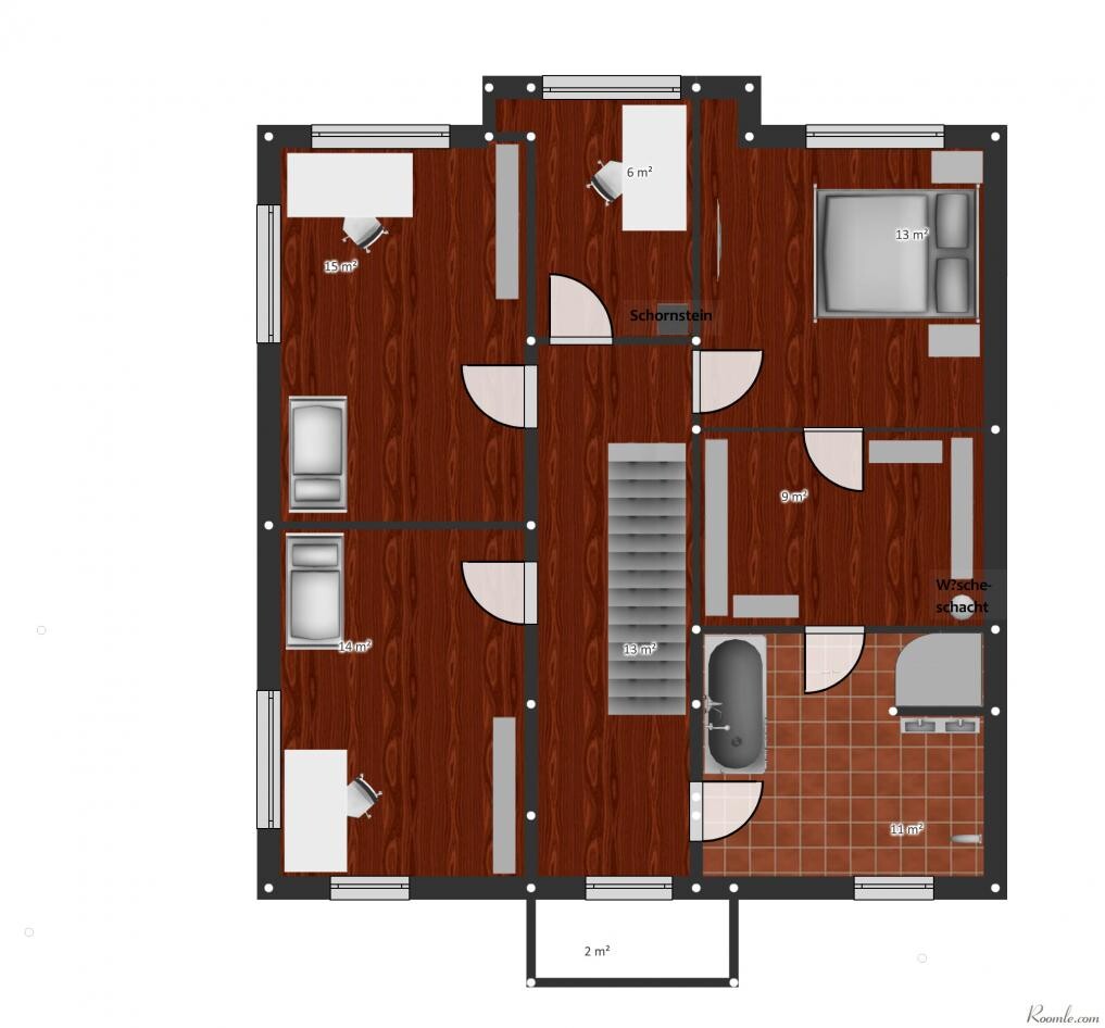 Grundriss eines Hauses mit zentraler Treppe, mehreren Zimmern, Betten und Möbeln.