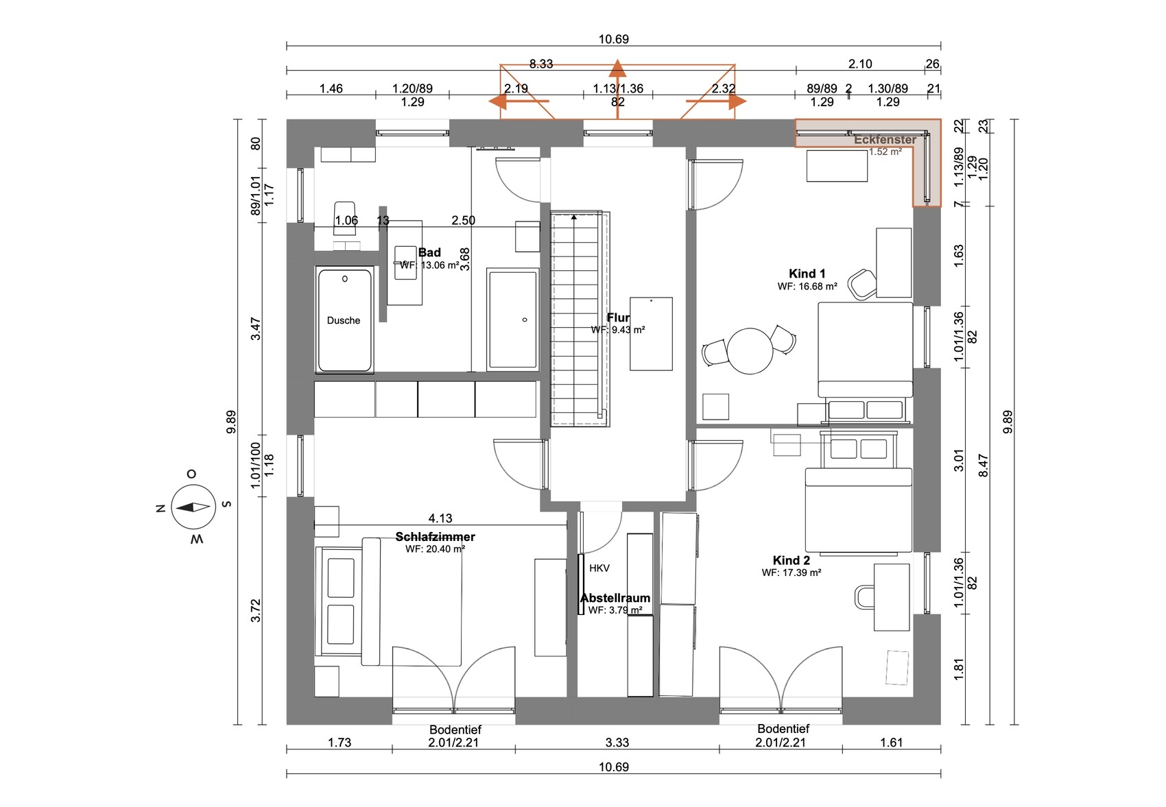 Grundriss eines Hauses: zentrale Treppe, links Bad und Schlafzimmer, rechts zwei Kinderzimmer.