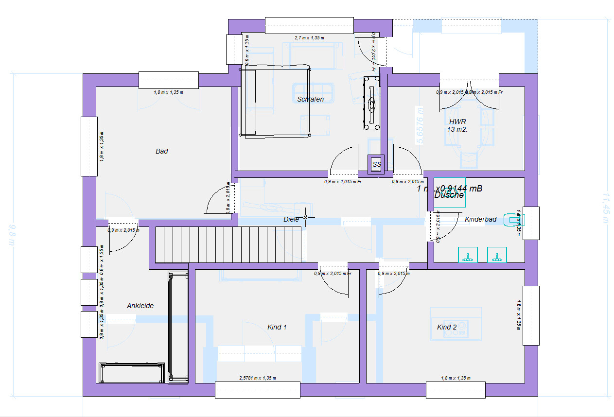 Grundriss eines Hauses: Schlafen, Bad, Diele, Ankleide, Kind 1, Kind 2, Kinderbad, Dusche, HWR.