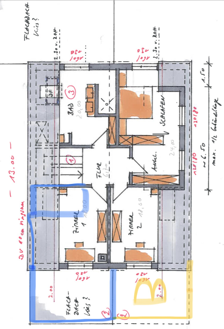 Draufsicht eines Grundrisses: Zimmer, Küche, Flur, zwei Schlafzimmer, Wohnzimmer, Balkone, Möbel.