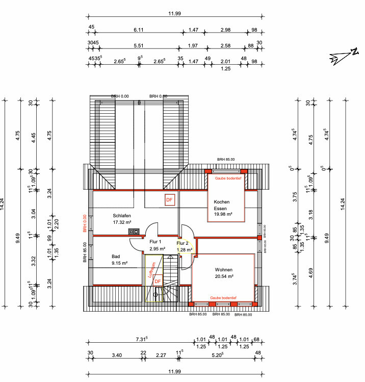Grundriss eines Hauses mit Schlafen, Bad, Küche, Wohnen, Fluren und Treppe.