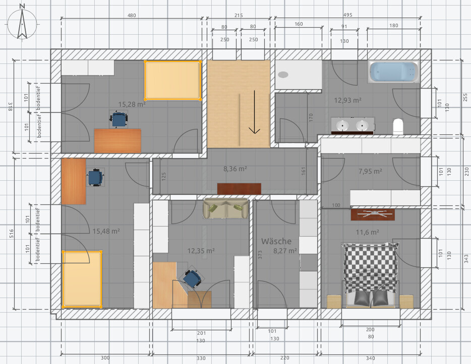 Grundriss eines Mehrzimmerhauses mit Schlafzimmer, Büro, Bad, Küche, Waschküche, Flur.