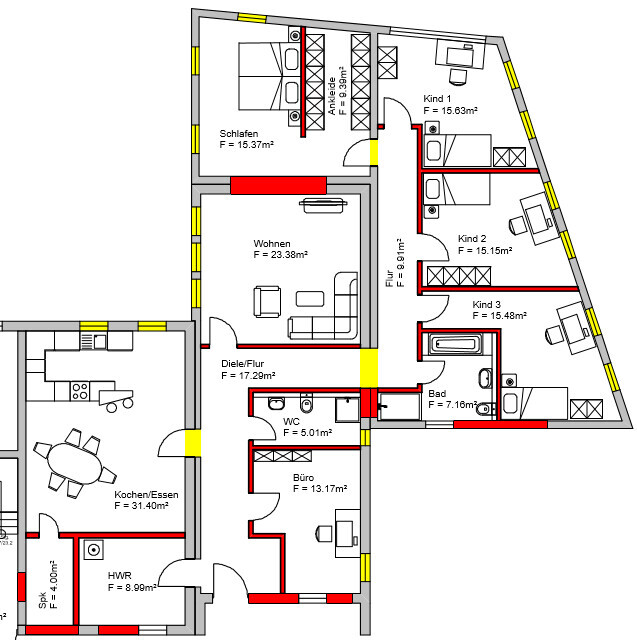 Detaillierter Grundriss eines Hauses mit Wohnzimmer, Schlafzimmern und Küche
