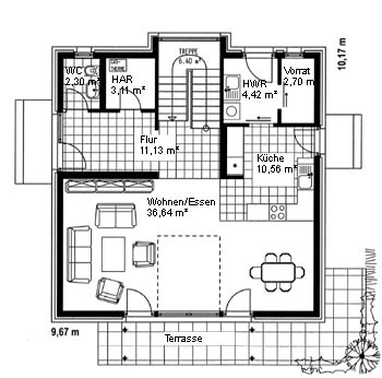 Grundrissplan eines Hauses mit Wohn-/Essbereich, Küche und Terrasse