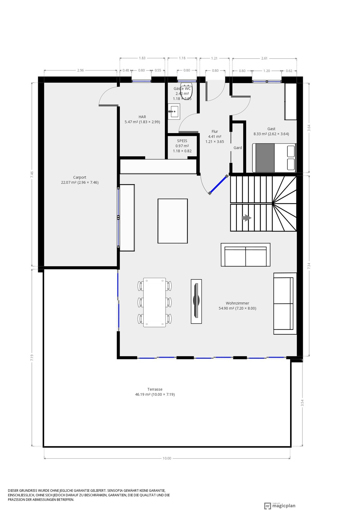 Grundriss eines Hauses mit Wohnzimmer, Terrasse, Carport, Flur, Küche und Gästezimmer.