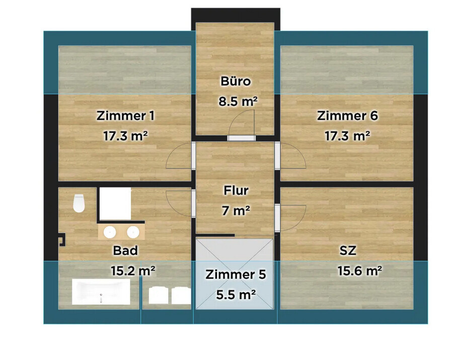 2D Grundriss eines Wohnhauses mit mehreren Zimmern, Bad und Flur
