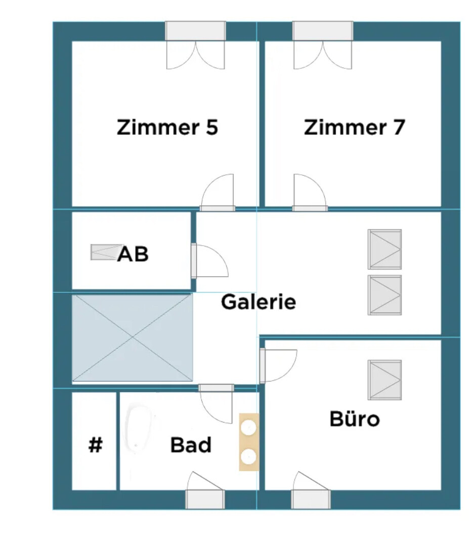 2D-Grundriss eines Wohnhauses mit Zimmern, Büro, Bad und Galerie