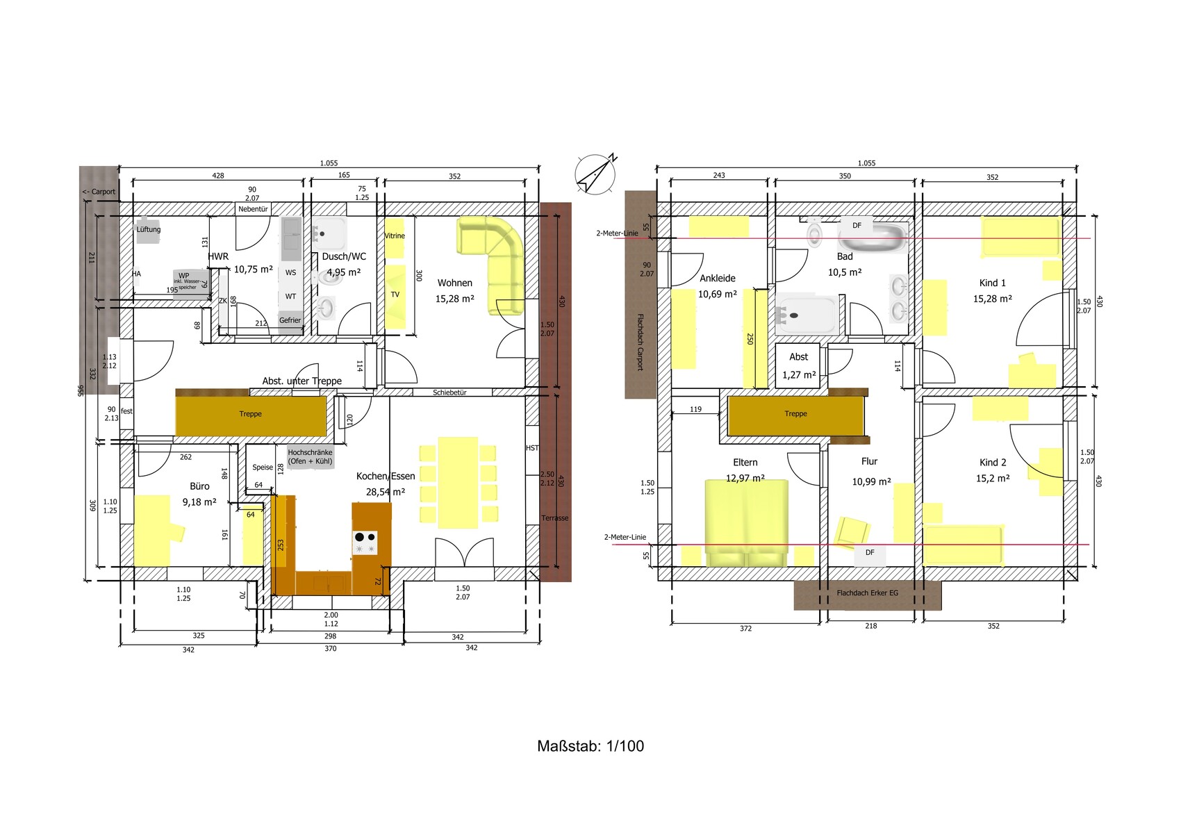 Zwei-Etagen-Grundriss eines Hauses mit Küche, Essbereich, Wohnzimmer und Treppen