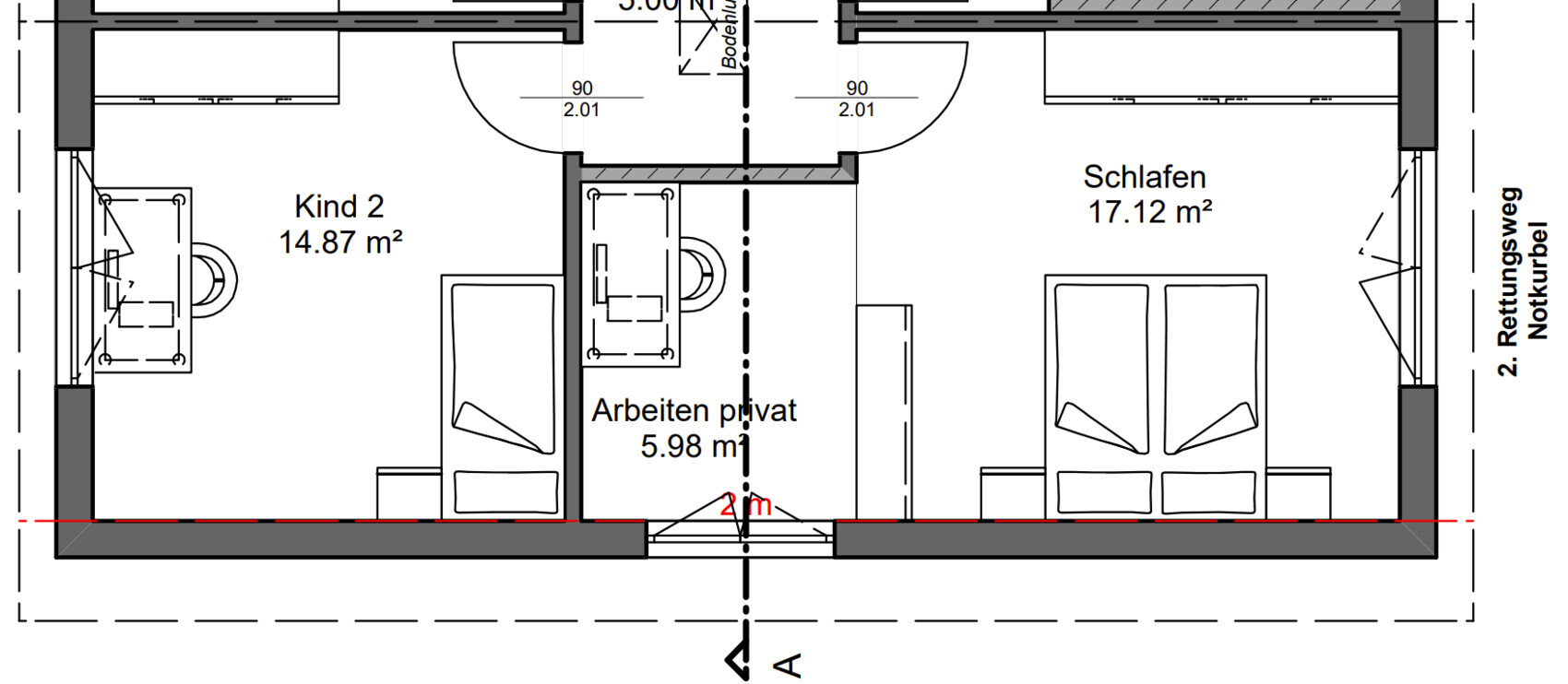 Grundriss eines Schlafzimmers, eines Kinderzimmers und Arbeitsbereich mit Türen.