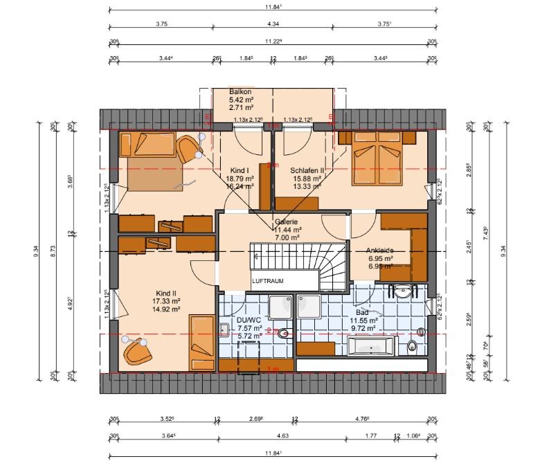 2D Grundriss eines zweigeschossigen Hauses mit Schlafzimmern, Bad und Treppen