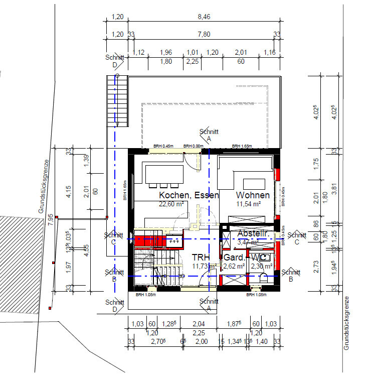 2D-Grundriss eines Einfamilienhauses mit Küche, Wohnen, Abstellraum und Treppe