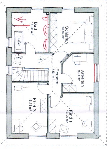 Grundriss des Obergeschosses mit Schlafen, Bad, Arbeitszimmer, zwei Kinderzimmer und Empore.