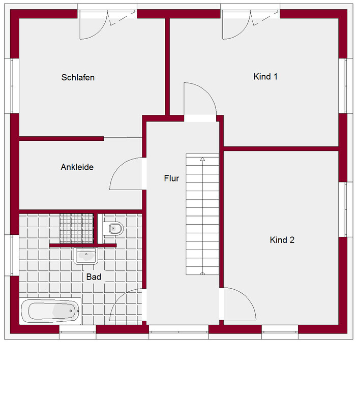 Grundriss eines Obergeschosses: Schlafzimmer, Ankleide, Bad, Flur, Kind 1, Kind 2 und Treppenaufgang.