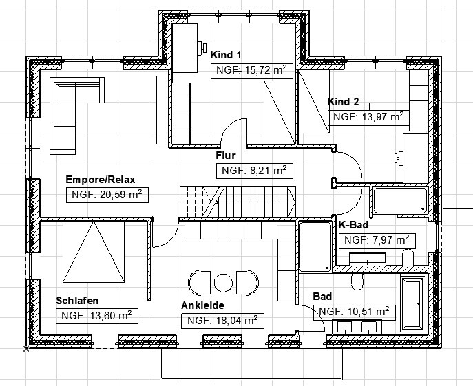 Grundriss eines oberen Stockwerks: Flur, Schlafen, Ankleide, Empore/Relax, zwei Kinderzimmer, Bad.