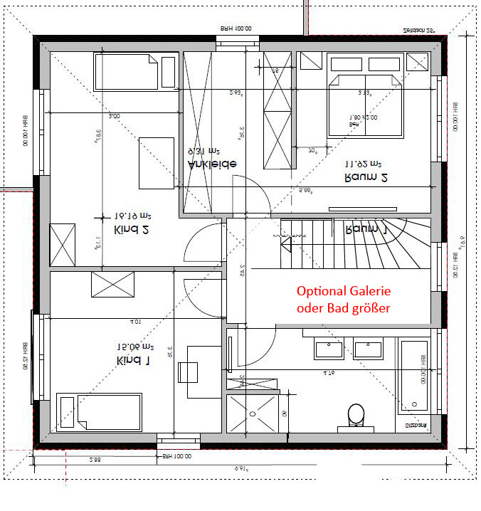 Grundriss Dachgeschoss: Schlafzimmer, Bad, Treppe, Flur; Galerie optional.