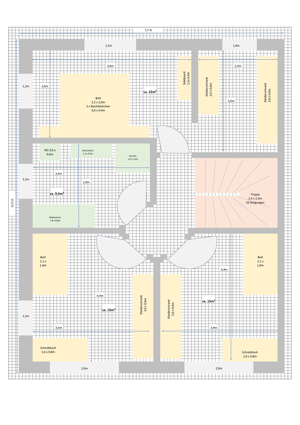 Grundriss eines Hauses mit Schlafzimmern, Bad, Treppe, Kleiderschränken und Waschtisch.