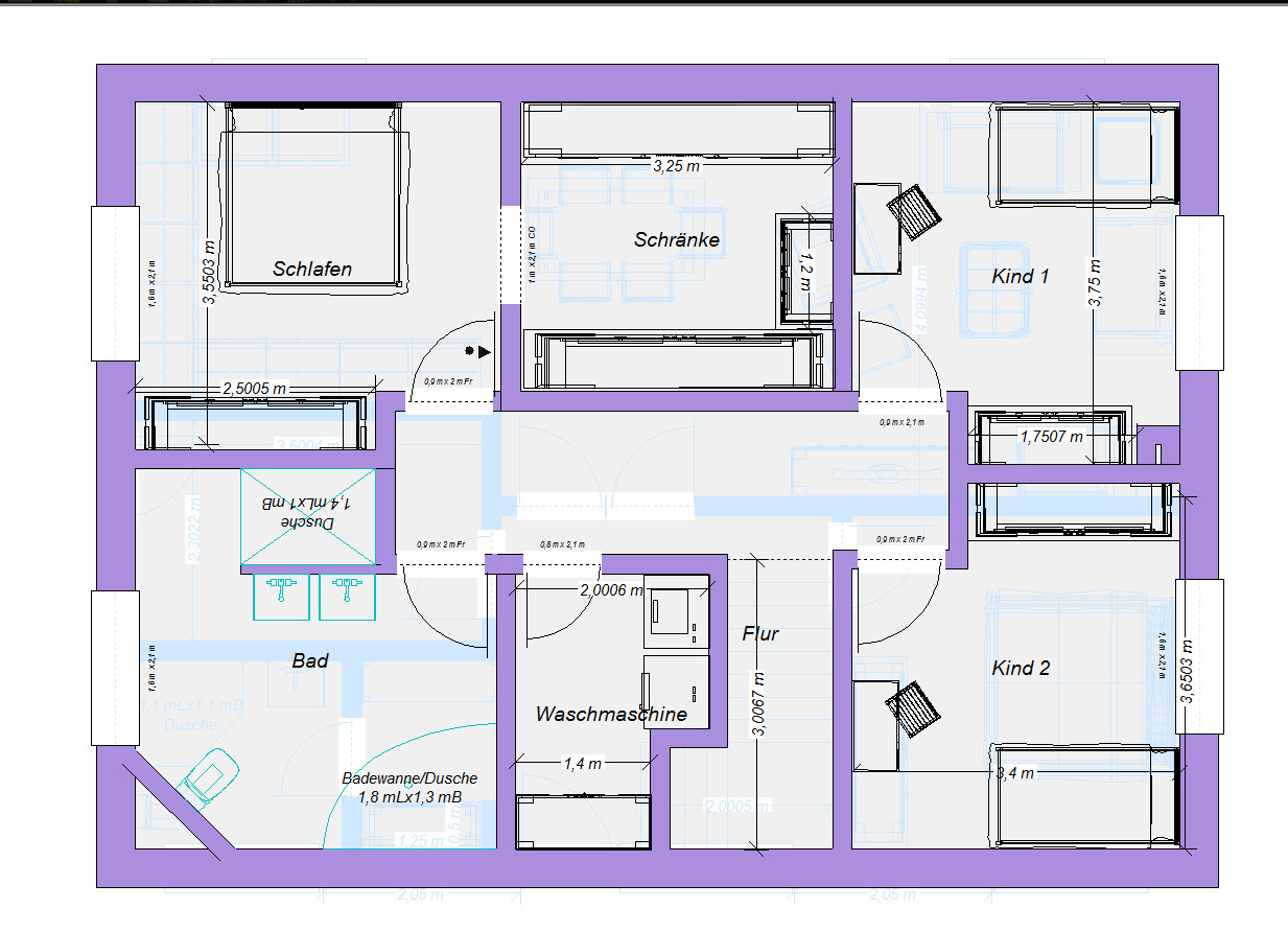 Grundriss eines Wohnhauses mit Schlafzimmer, Bad, Flur, Waschküche und zwei Kinderzimmer.