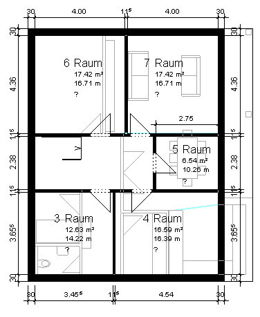 2D-Grundriss eines Hauses mit mehreren Räumen, Treppe und Fluren im Zentrum