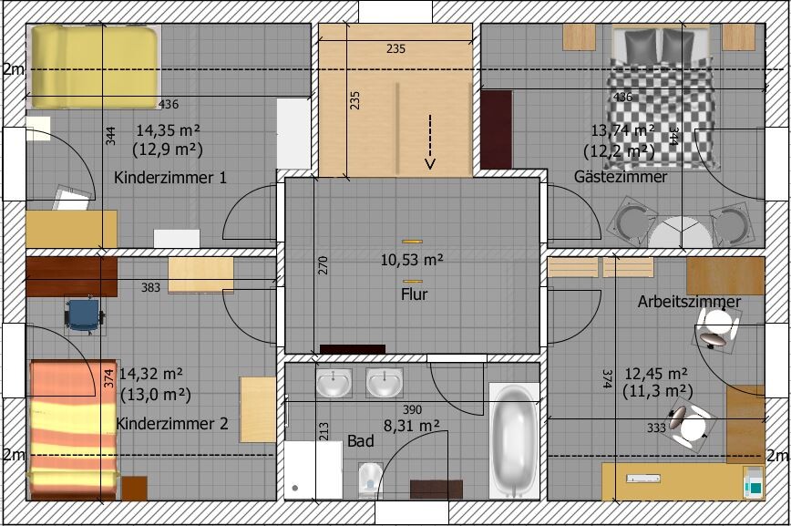 2D-Grundriss eines Hauses mit Flur, Bad, Kinderzimmer, Gästezimmer und Arbeitszimmer.