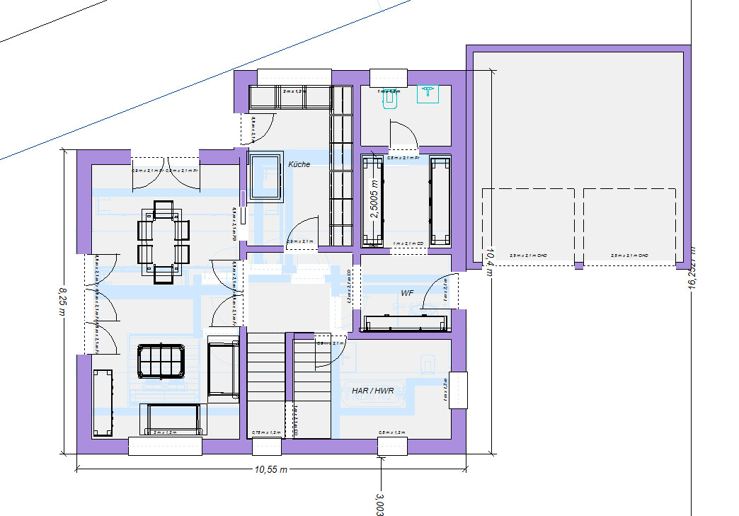 Grundriss eines Hauses: Küche, Wohnzimmer, Essbereich, Treppenhaus, HWR, Garage