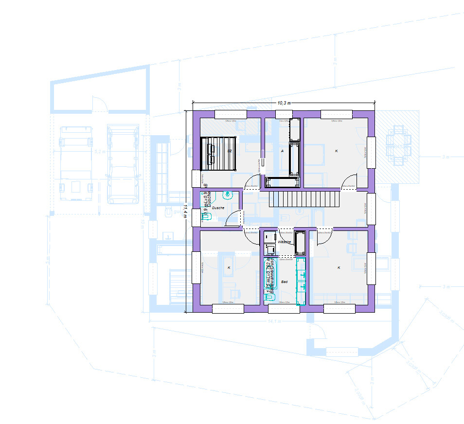 Grundriss eines Hauses mit Raumaufteilung, Treppen und Fenstern in Blau.