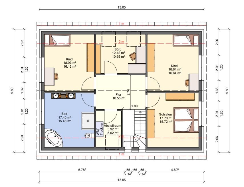 Grundriss eines Hauses mit zwei Kinderzimmern, Büro, Schlafzimmer, Bad und Flur