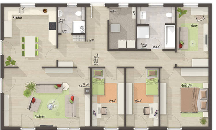 Grundriss einer Wohnung: Küche, Wohnzimmer, Flur, zwei Kinderzimmer, Schlafzimmer, Bad, WC, HAR.