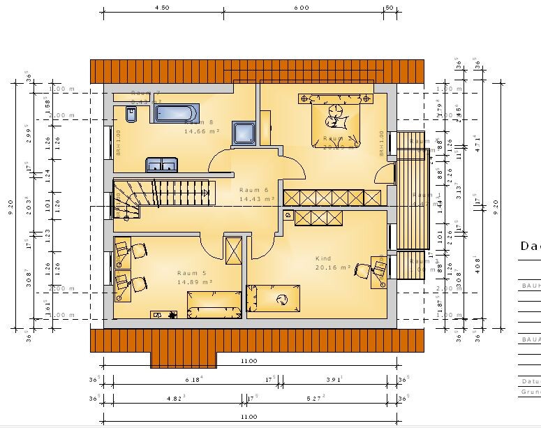 Grundriss eines Hauses mit Zimmern, Treppenhaus, Bad, Küche und Balkon.