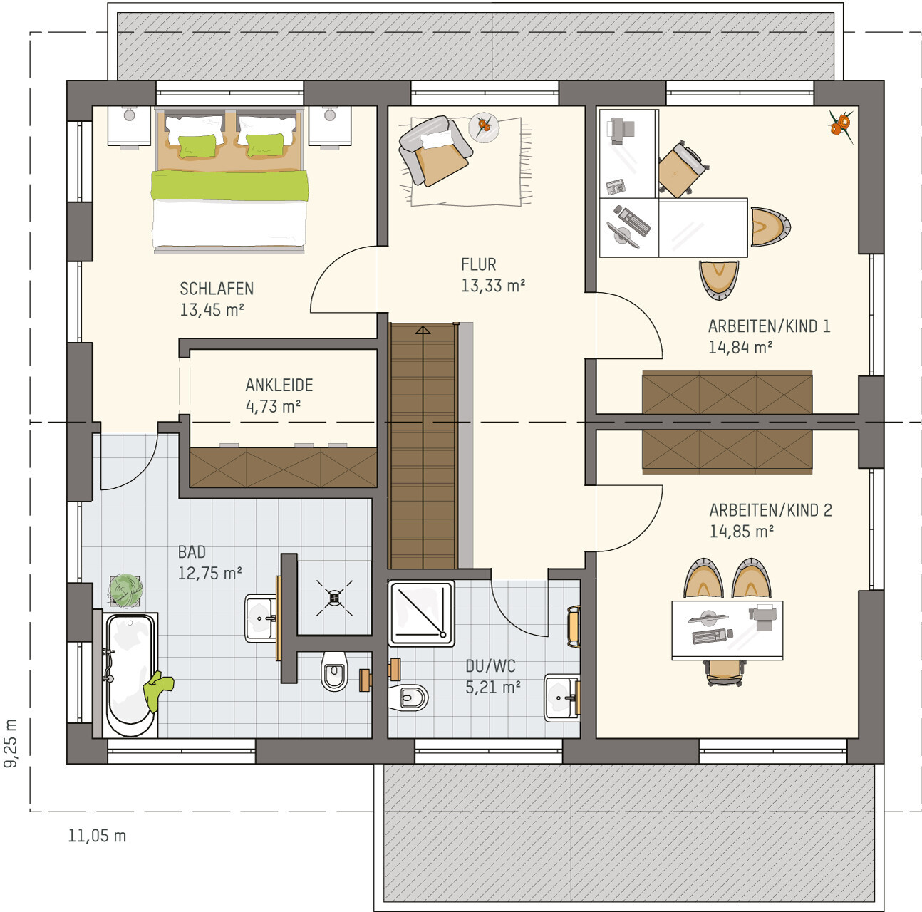 2D-Grundriss eines Hauses mit Schlafzimmer, Bad, Flur, Ankleide und Arbeitszimmer