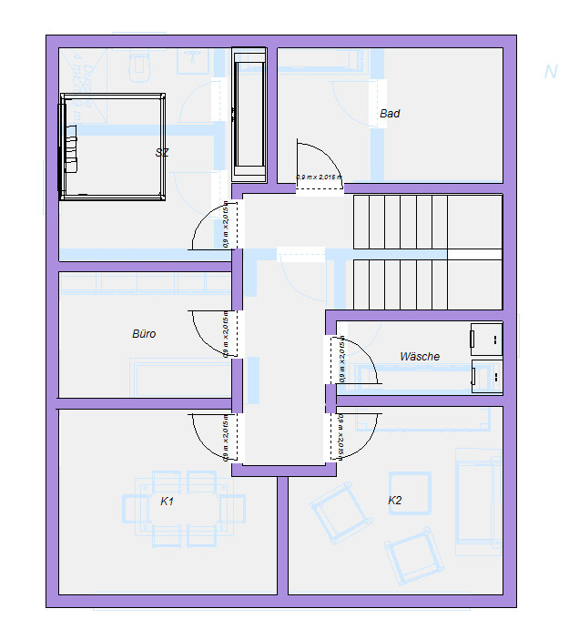 Grundriss eines Stockwerks mit Büro, Wäsche, Bad, K1, K2, Treppenhaus und Flur.